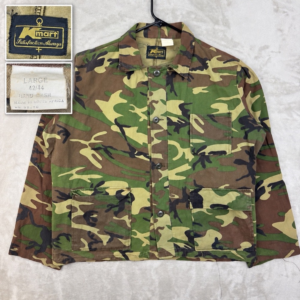 Vintage 70s Kmart Woodland Camo Shirt Jacket Mens Large Boxy Chore Utility Coat